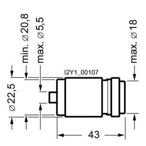 Schema einer zylindrischen Komponente mit Maßen: Länge 43 mm, Außendurchmesser 22,5 mm, Innendurchmesser bis 20,8 mm.