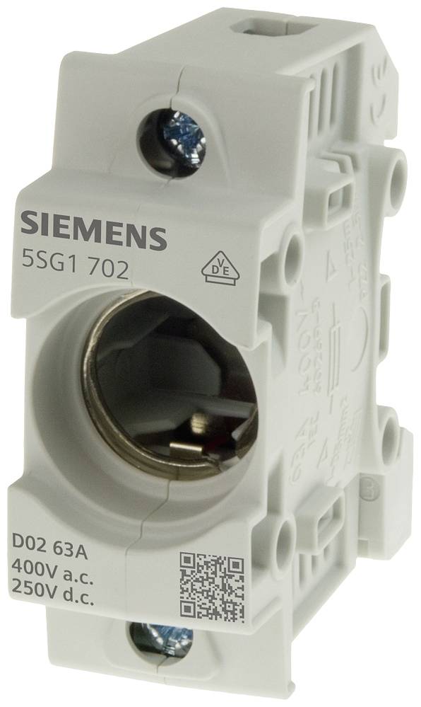 Ein Siemens-Sicherungshalter D02 63A für 400V Wechselstrom. Weiß mit grauem Schalter, geeignet für elektrische Sicherungen.