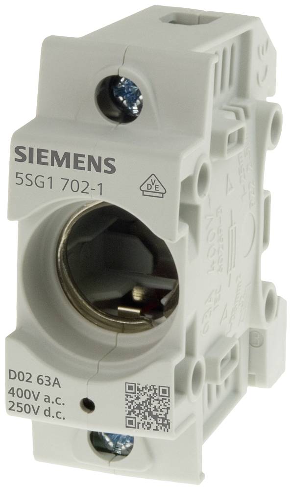 Sicherungshalter von Siemens, Modell 5SG1 702-1, geeignet für 63A, 400V a.c. und 250V d.c., mit VDE-Prüfzeichen und QR-Code.