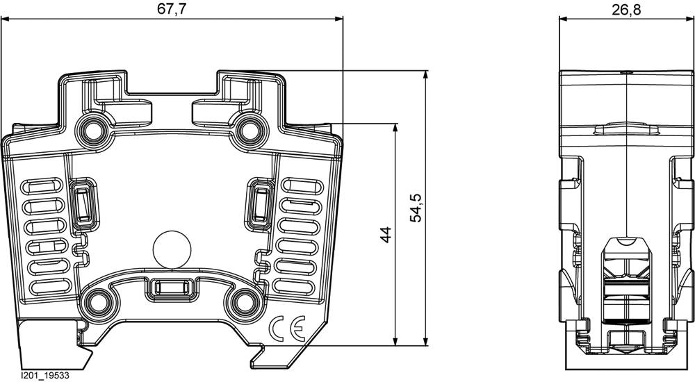 Technische Zeichnung eines Bauteils mit Abmessungen: Breite 67,7 mm, Höhe 54,5 mm, Tiefe 26,8 mm. Zeigt Vorder- und Seitenansicht.