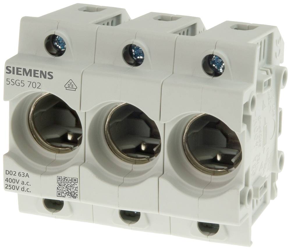 Dreipoliger Sicherungshalter von Siemens, Modell 5SG5 702, für 63A mit einem Spannungsbereich von 400V AC und 250V DC.
