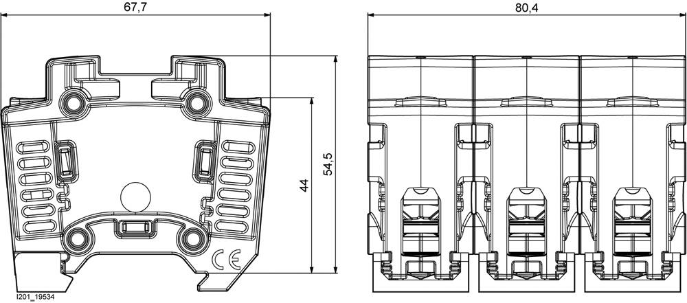 Technische Zeichnung eines dreiphasigen Relais-Moduls mit Abmessungen: 67,7 mm Breite, 44 mm Höhe, 54,5 mm Tiefe; CE-Zeichen sichtbar.