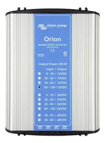 DC/DC-Wandler mit hoher Effizienz von Victron Energy. Modell: 'Orion'. Ausgangsleistung: 360W. Verschiedene Eingangs-/Ausgangsspannungen.