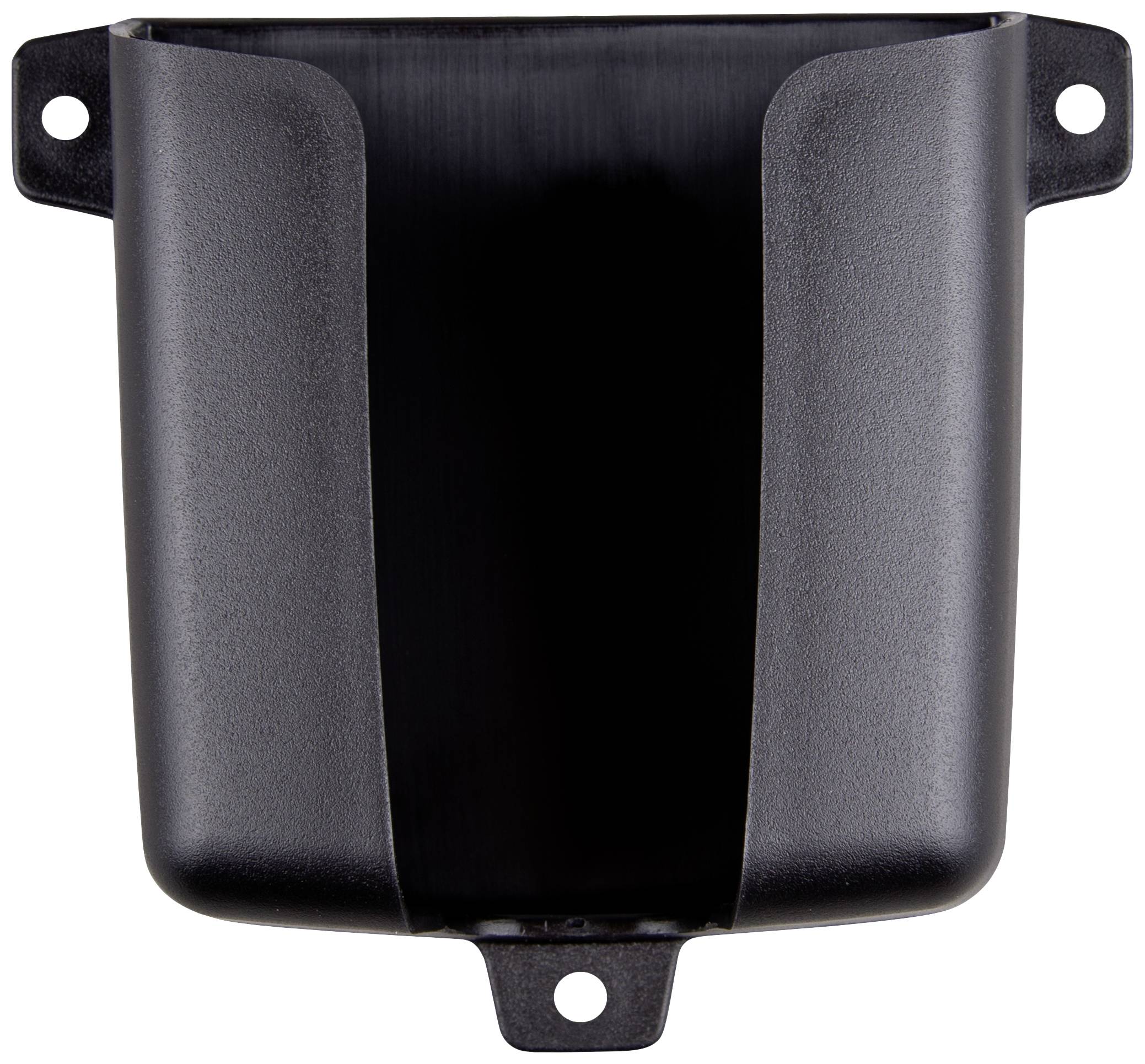 Ein schwarzes, rechteckiges Kunststoffteil mit einer zentralen Vertiefung und drei Schraublöchern, vermutlich ein Halterungselement.