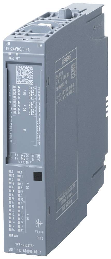 Ein graues elektronisches Modul mit der Aufschrift '6ES7 132-6BH00-0BP1', Herstellername sichtbar. Es dient zur Steuerungsautomatisierung.