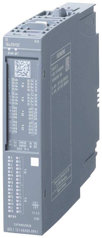 Elektronisches Modul mit mehrzeiligen Beschriftungen und QR-Code auf der Vorderseite, geeignet zur Steuerung in industriellen Anwendungen.
