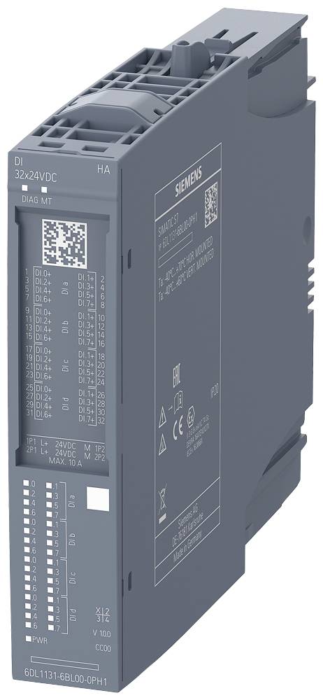 Ein elektronisches Gerät mit Siemens-Logo. Es enthält mehrere digitale Schnittstellen und technische Informationen auf der Oberfläche.