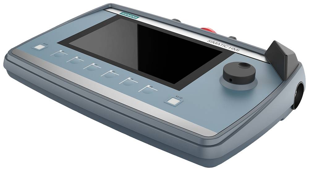 Ein graues, tragbares Bediengerät mit großem Bildschirm, Drehregler und Funktionstasten, verwendet für industrielle Steuerungen.