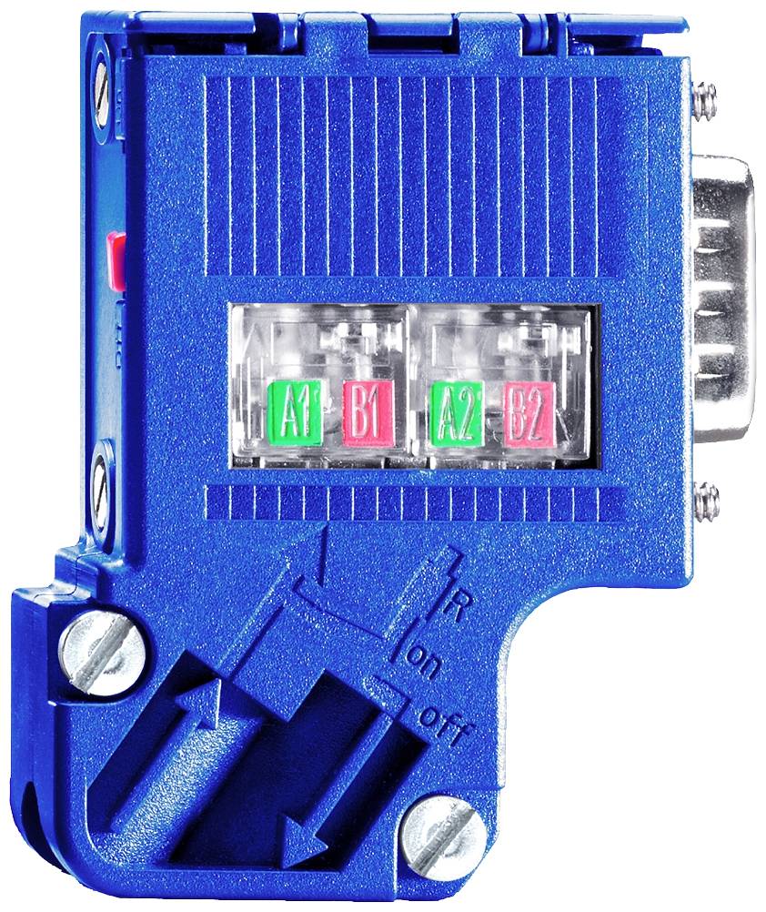 Blauer Adapter mit zwei eingelassenen Schaltern, beschriftet mit 'A1 B1' und 'A2 B2'. An der Seite befindet sich ein Metallschalter.