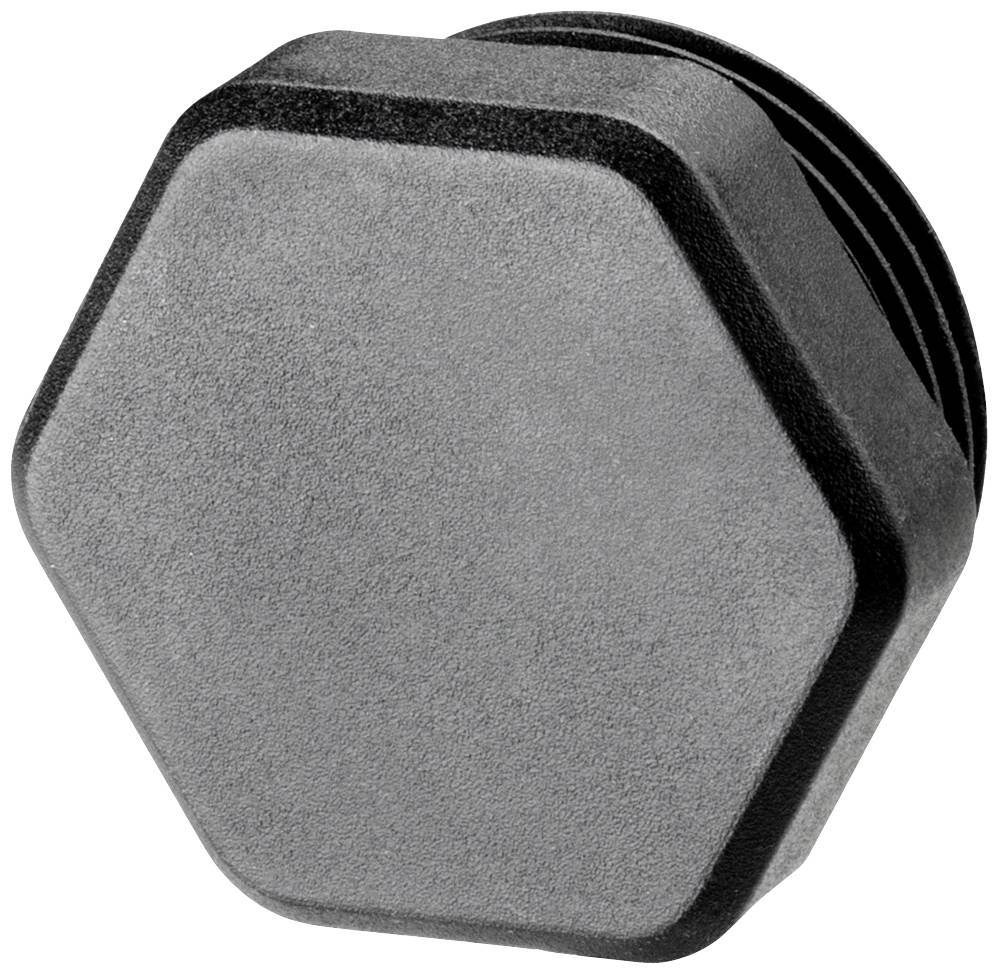 Sechseckige, graue Kunststoffkappe mit einer geriffelten Kante, offensichtlich als Schutz- oder Verschlusselement gedacht.