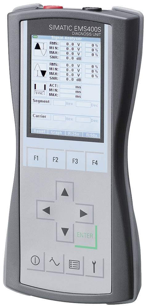 Handgerät mit Display, das Diagnoseinformationen in Form von Grafiken und Messwerten anzeigt. Bedienknöpfe unten für Navigation.