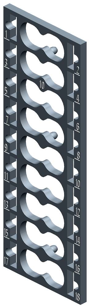Metallplatte mit seitlich nummerierten Schlitzen, die wie S-Formen angeordnet sind. Sie dient möglicherweise zur Halterung oder Befestigung.