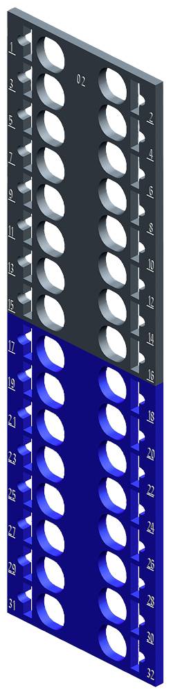 Illustration eines zweigeteilten Metallstreifens mit runden Aussparungen, nummeriert von 0 bis 32, verwendet zur Messung.