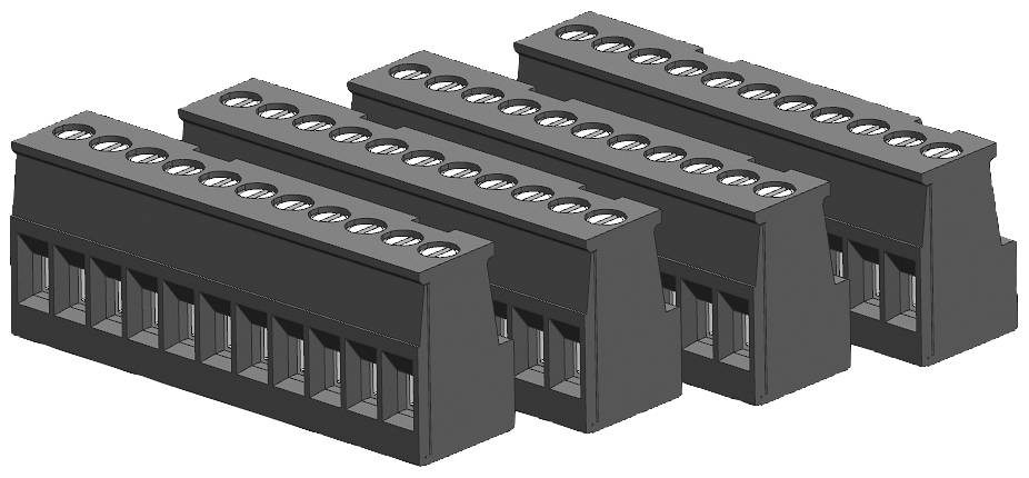 Vier graue elektrische Steckverbinder in Reihe, geeignet für Leiterplatinen. Zehn Kontaktstellen pro Einheit.
