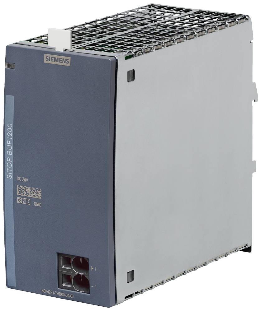 Ein rechteckiges, graues Siemens SITOP PSU200M Stromversorgungsmodul mit blauer Front und Lüftungsgittern.