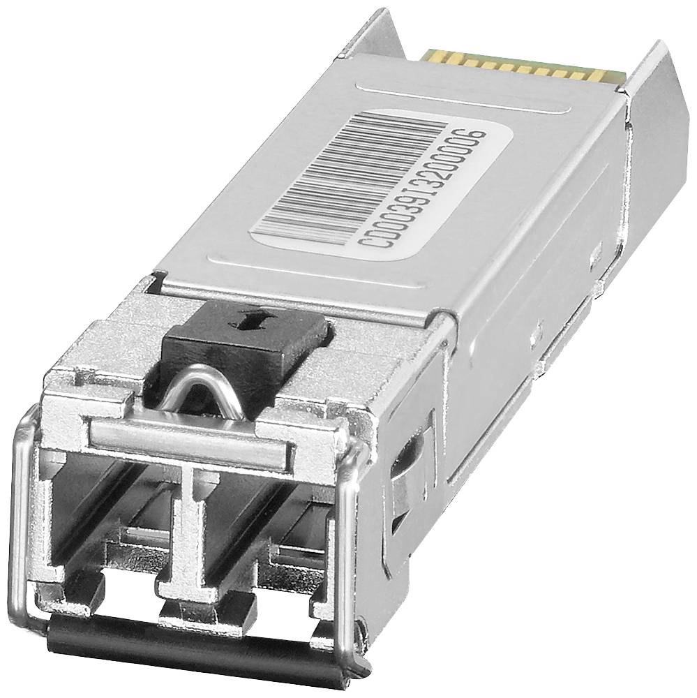SFP-Modul mit Metallgehäuse und Barcode oben. Es dient zur Verbindung von Netzwerkgeräten wie Switches und Routern über Glasfaser.