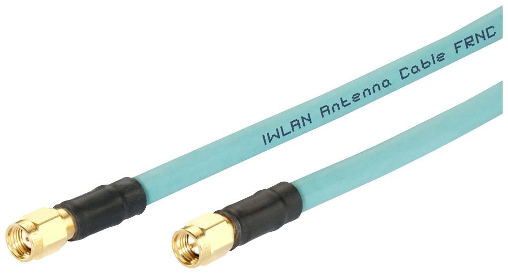 Zwei blaue Koaxialkabel mit goldenen Steckern, beschriftet mit 'IWLAN Antenna Cable FRNC', geeignet für Netzwerkverbindungen.