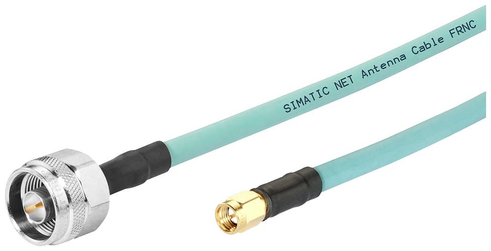 Ein grünes Antennenkabel mit zwei unterschiedlichen Steckverbindern an den Enden. Kabelbeschriftung: 'SIMATIC NET Antenna Cable FRNC'.
