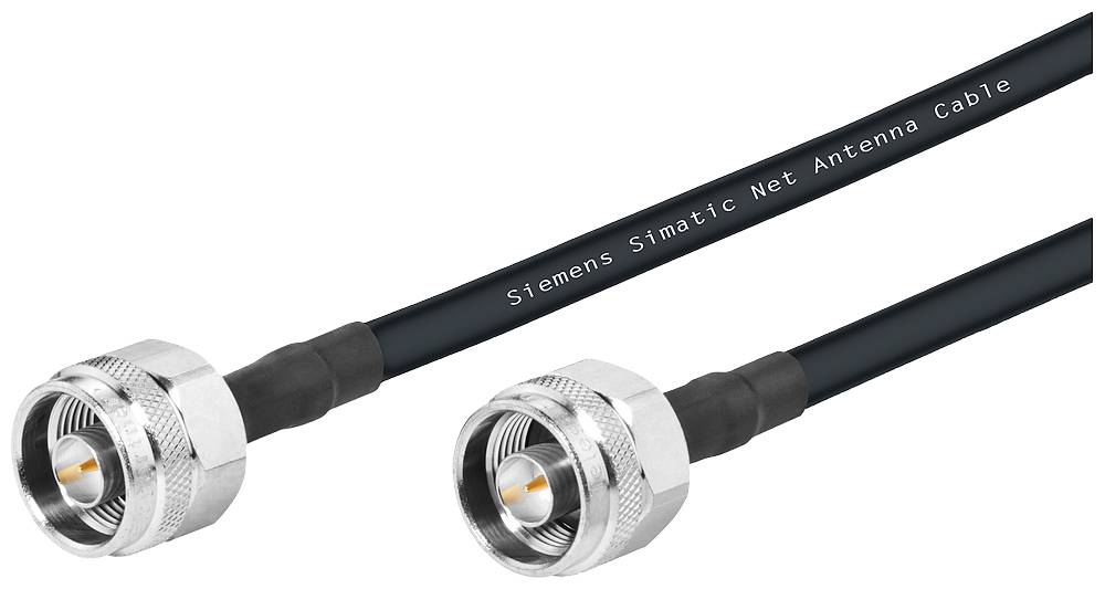Zwei koaxiale Antennenkabel mit Metallverbindungen und schwarzer Ummantelung. Auf einem Kabel steht 'Siemens Simatic Net Antenna Cable'.