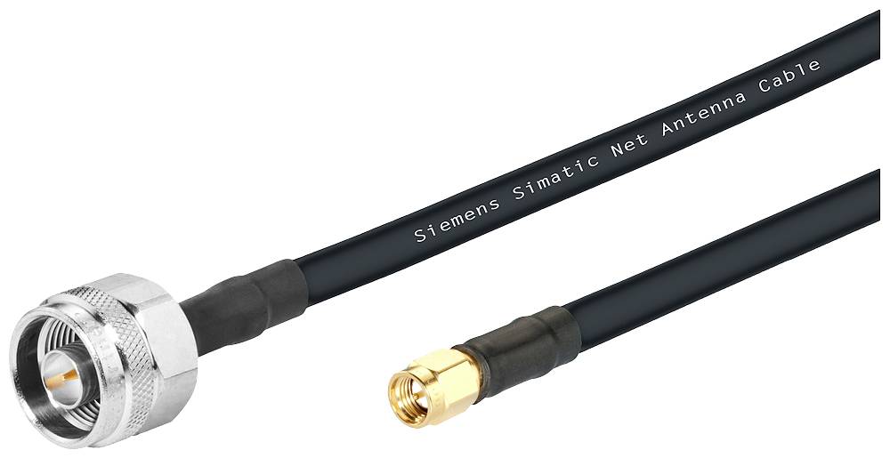 Schwarzes Antennenkabel mit zwei verschiedenen Steckern an den Enden, verwendet für Siemens Simatic Net Systeme.