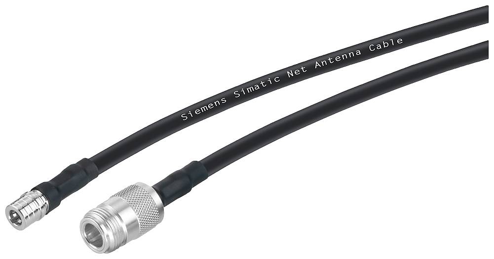 Zwei schwarze Antennenkabel mit Metallsteckern, eines mit der Aufschrift 'Siemens Simatic Net Antenna Cable', auf weißem Hintergrund.