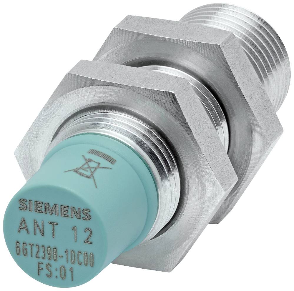 Induktiver Näherungsschalter von Siemens, Modell ANT 12, mit zylindrischem Metallgehäuse und grüner Abdeckung.