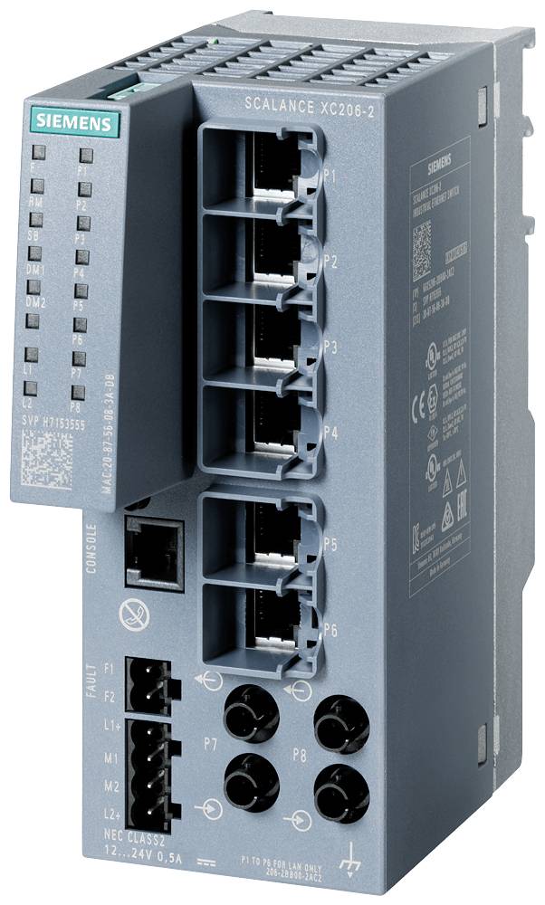 Ein grauer Siemens Scalance XC206-2 Switch für industrielle Netzwerke mit mehreren Ethernet-Ports, Schalttafelmontage und LED-Anzeigen.