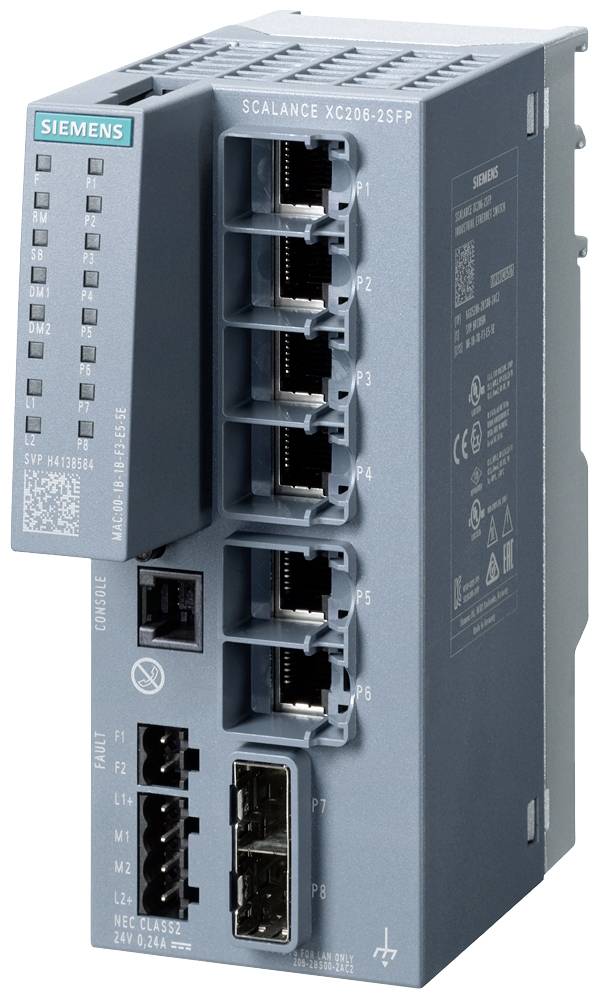 Industrie-Ethernet-Switch von Siemens, Modell SCALANCE XC206-2SFP, mit mehreren Ethernet-Ports und LED-Anzeigen auf der Vorderseite.