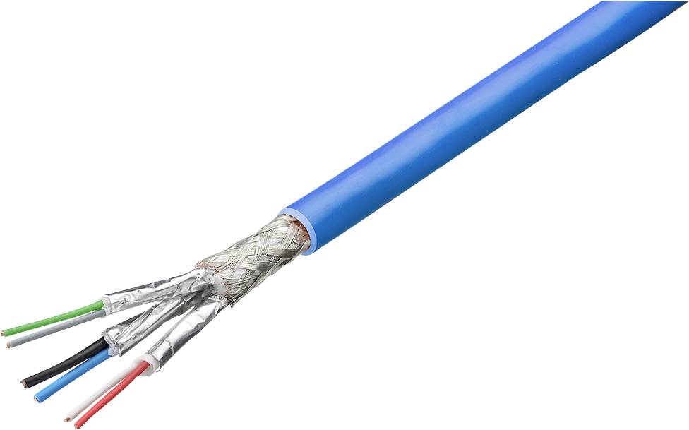Querschnittsdarstellung eines blau abgeschirmten Kabels mit vier isolierten Innenleitern, die am Ende freigelegt sind.