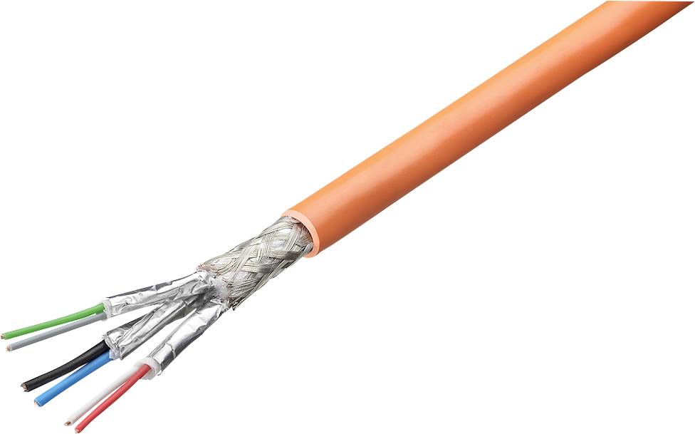 Orange isoliertes Mehrleiter-Kabel mit freigelegter Folienschirmung und vier farbcodierten Innenleitern