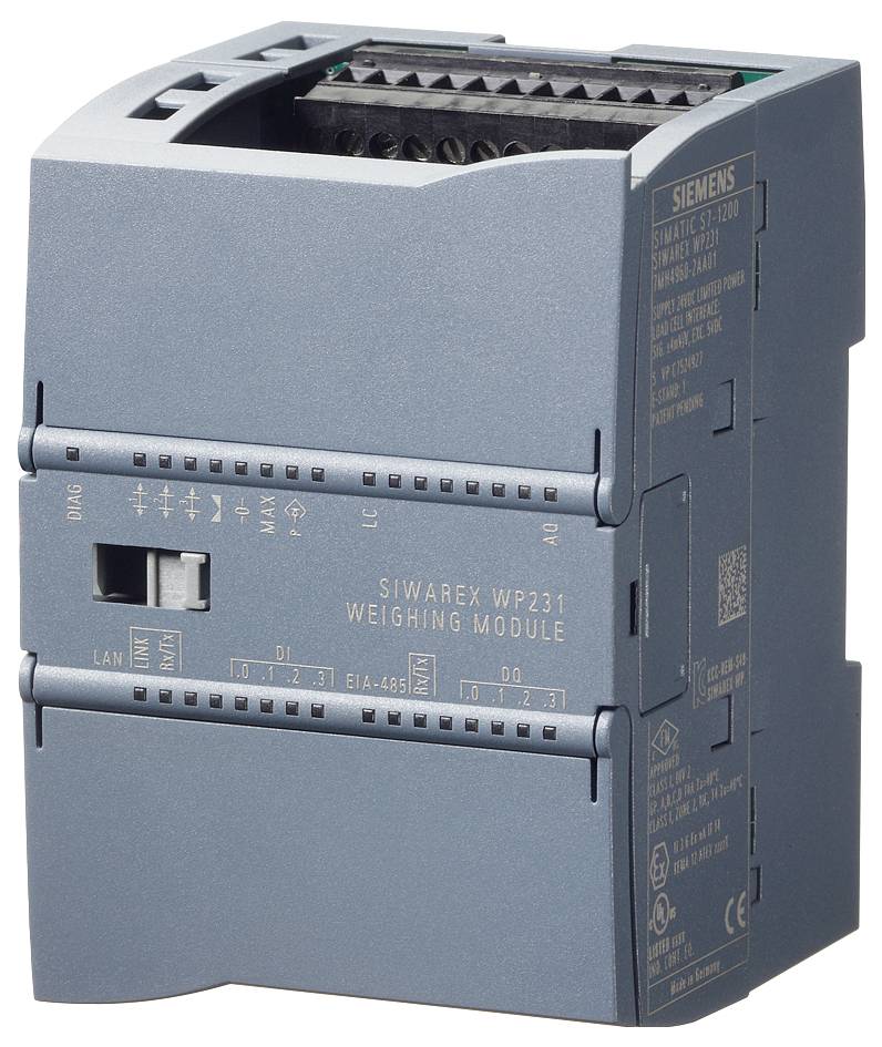 Siemens SIWAREX WP231 Wägemodul in einem blauen Industriesteuergehäuse mit beschrifteten Anschlüssen und Statusanzeigen.