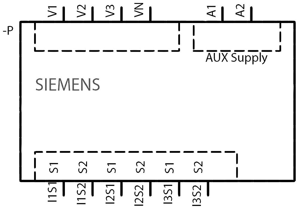 Schaltplan eines Siemens-Geräts mit Anschlüssen 'V1' bis 'VN', 'A1', 'A2', 'AUX Supply' und 'I1S1' bis 'I3S2'.
