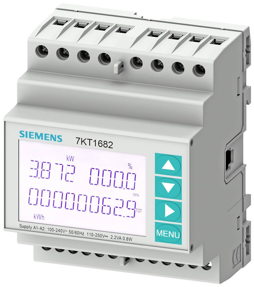 Siemens Stromzähler 7KT1682 mit Digitalanzeige für kW und kWh. Enthält Tasten zur Steuerung und einen Menübildschirm auf der rechten Seite.