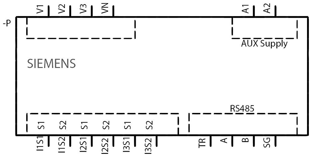 Diagramm eines Siemens-Geräts mit Anschlüssen: AUX Supply, RS485, sowie mehrere Spannungs- und Stromklemmen, benannt V1 bis VN und I1S1 bis I3S2.