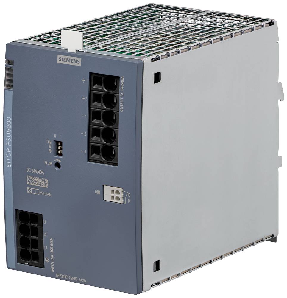 Industrienetzteil 'Siemens SITOP PSU8200', zeigt Vorderansicht mit Anschlüssen, Schaltern und Markenlogo, auf weißem Hintergrund.