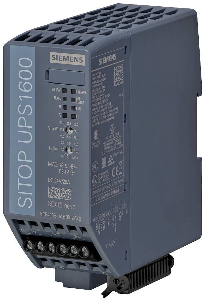 Eine dunkelblaue Siemens SITOP UPS1600-Einheit mit technischen Spezifikationen aufgedruckt, geeignet für 24V/20A DC-Stromversorgung.