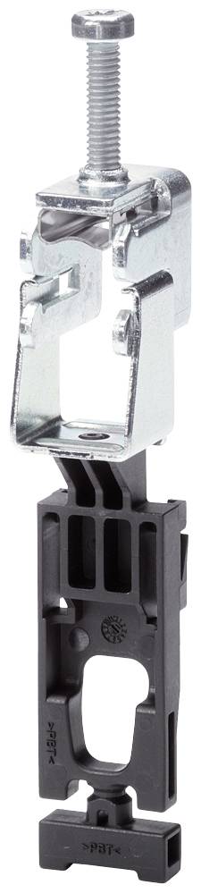 Ein metallischer Schraubverbinder mit einer unteren schwarzen Kunststoffhalterung, geeignet für die Befestigung von Gegenständen an Oberflächen.