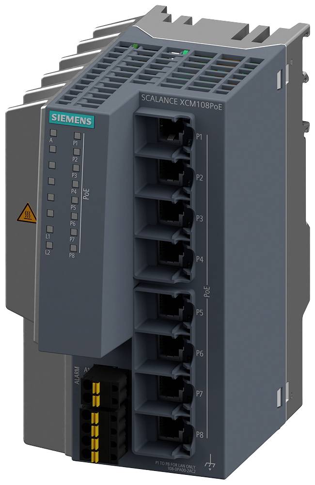 Industrieswitch der Marke Siemens mit mehreren Ports für Netzwerkverbindungen und PoE, typischerweise verwendet in Industriesteuerungen.