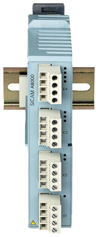 Industrieelektronik-Gerät, montiert auf einer Hutschiene, mit vier Anschlüssen gekennzeichnet als X1 bis X4.