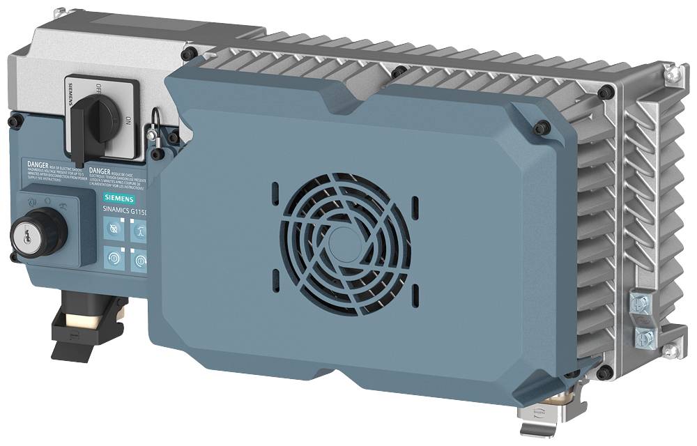 Industrieller Wechselrichter von Siemens für die Regelung von Elektromotoren, mit Lüftungsschlitzen und Anschlussmodulen.