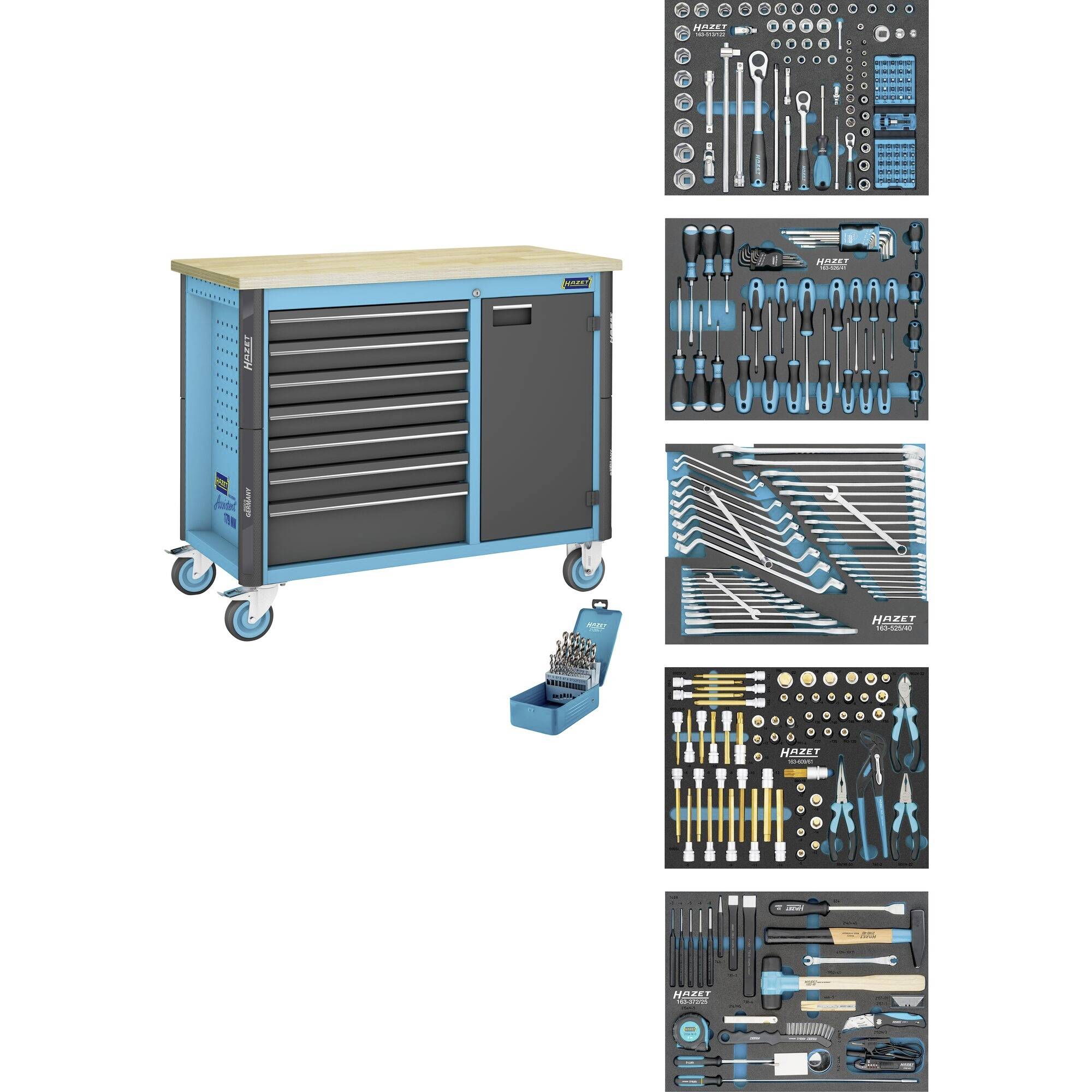 Mobiler Werkstattwagen mit Holzplatte, mehreren Schubladen und Tür, gefüllt mit verschiedenen Werkzeugen wie Schraubenschlüsseln, Zangen und Schraubendrehern, übersichtlich angeordnet.