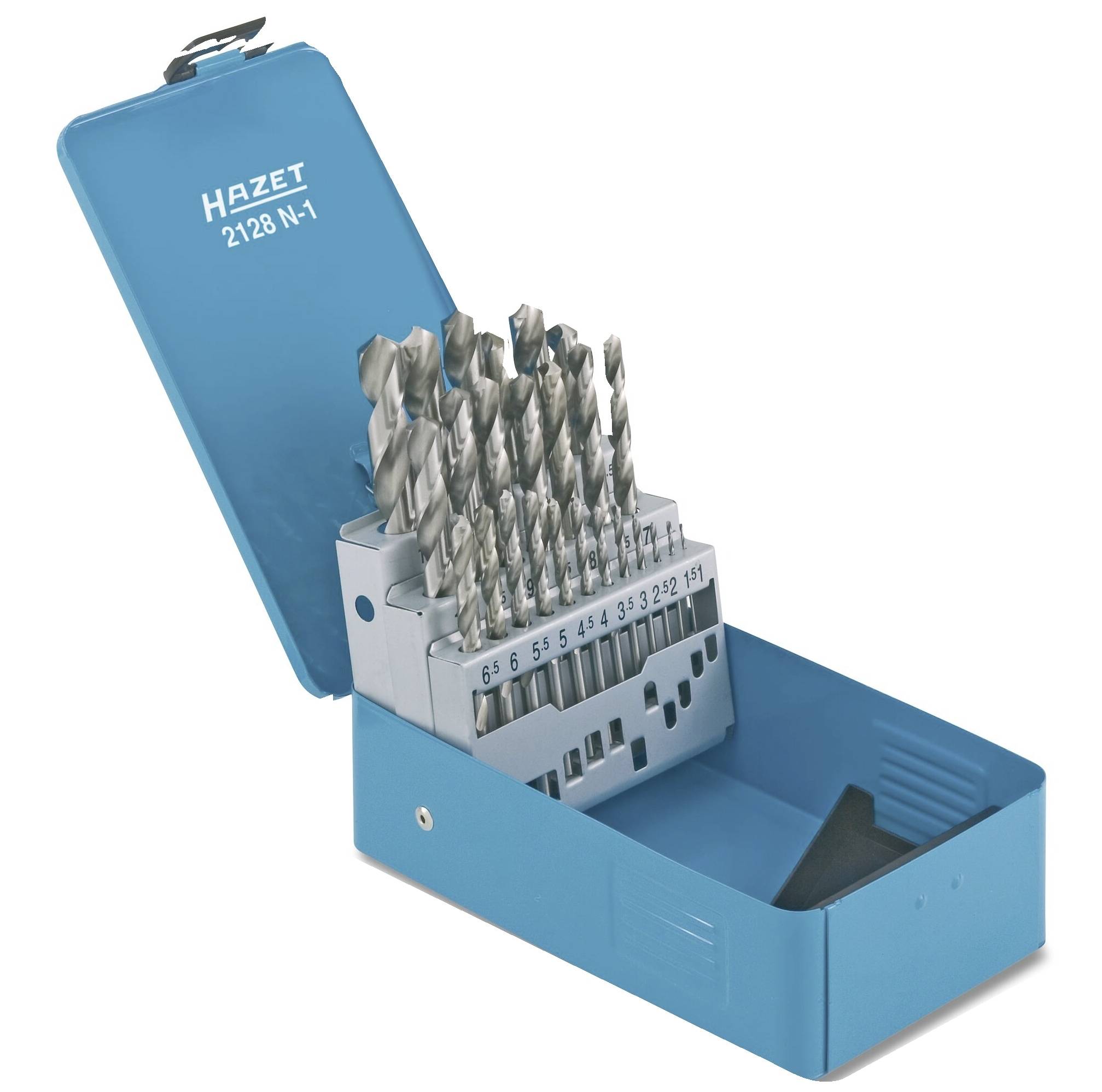 Ein blauer Metallkoffer von Hazet mit offenem Deckel, der ein Set von Spiralbohrern in verschiedenen Größen zeigt, von 1 bis 13 mm.