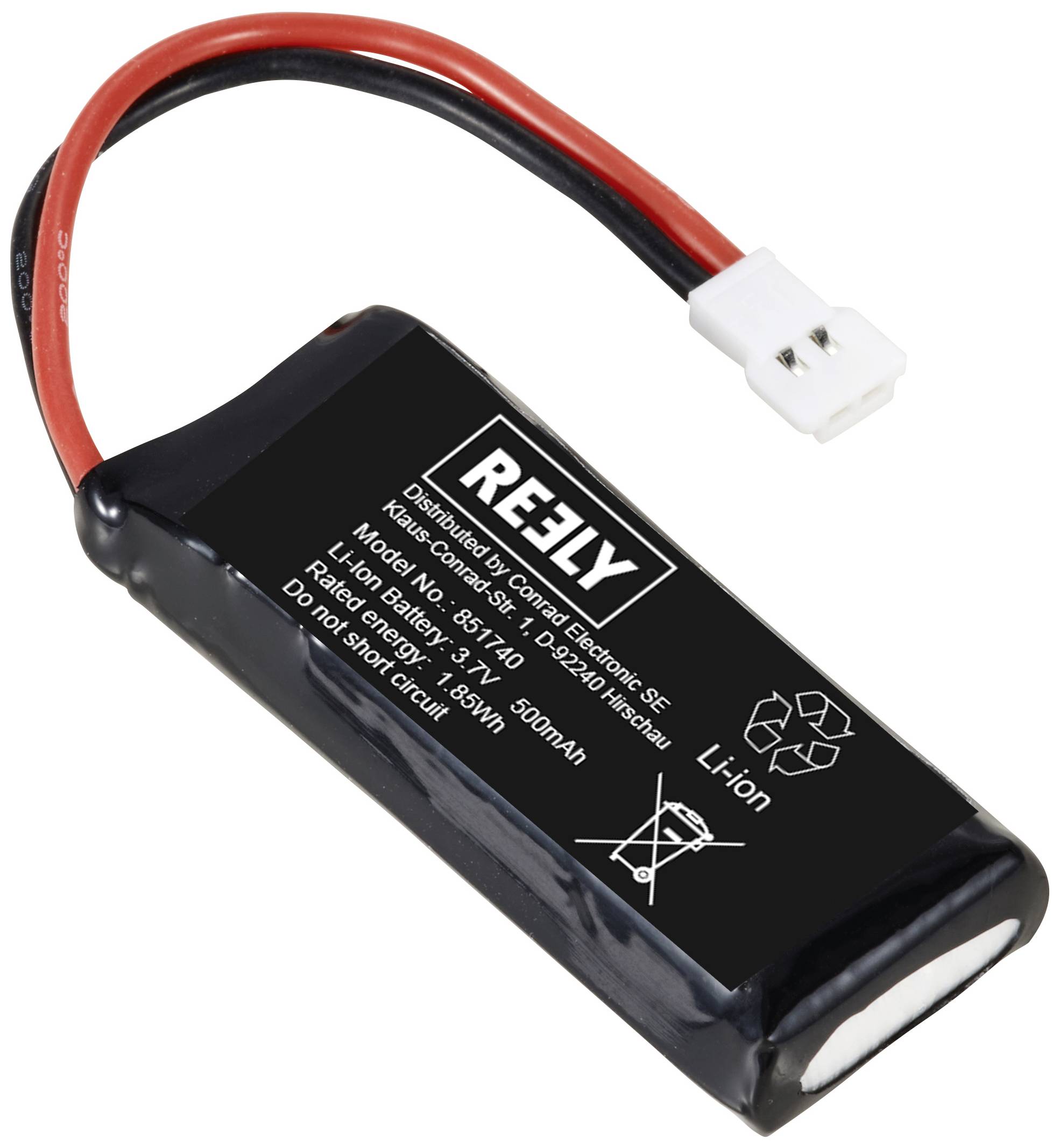 Ein schwarzer Li-Ion Akku mit Kabeln und Stecker, Aufschrift: 'REELY, Model: 85173, 3.7V, 500mAh, 1.85Wh, do not short circuit'.
