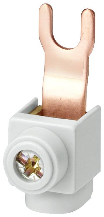 Ein Kupferkabelschuh in U-Form mit silberner Schraubbefestigung, montiert auf einem weißen Kunststoffgehäuse, dient zur elektrischen Verbindung.