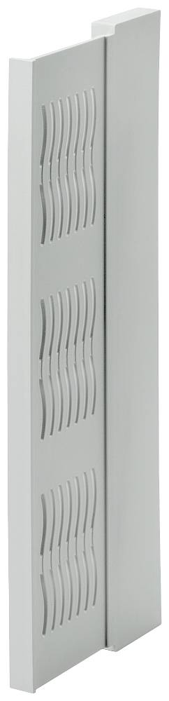 Graue Belüftungsplatte mit mehreren wellenförmigen Ausschnitten zur Luftzirkulation in technischen Geräten.