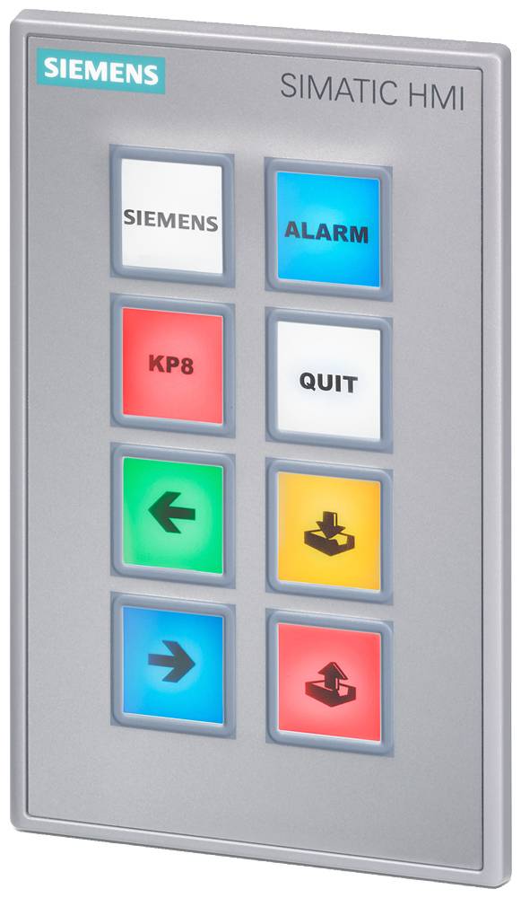 Tafel mit sieben farbigen Tasten und Siemens-Logo: 'SIEMENS', 'ALARM', 'KP8', 'QUIT', Pfeile links, runter; rote durchgestrichene Kiste.