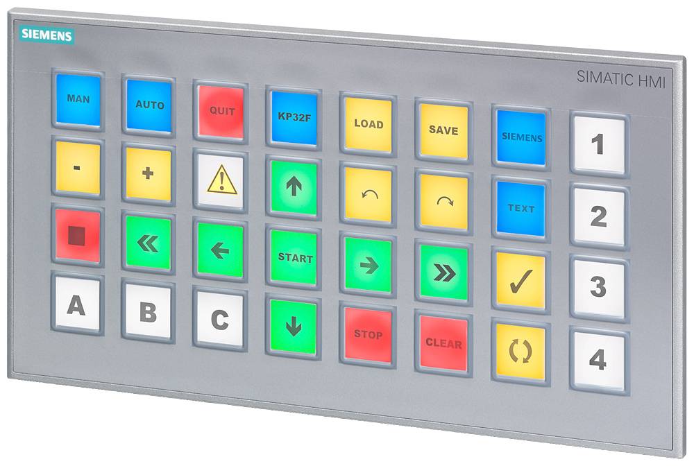 Tastaturfeld eines SIMATIC HMI-Geräts von Siemens mit farbigen Tasten, die verschiedene Funktionen und Steuerungsoptionen anzeigen.