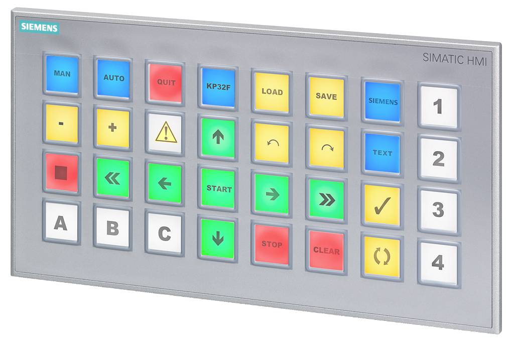 Steuerungspanel mit Tasten für 'MAN', 'AUTO', 'QUIT', numerische Eingaben und Funktionen wie 'START' und 'SAVE' von Siemens Simatic HMI.