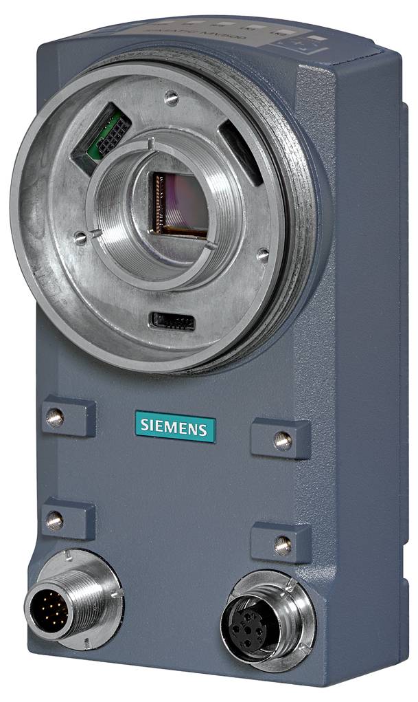 Eine graue Siemens-Kamera mit zwei Anschlüssen an der Unterseite, offensichtlich Teil eines industriellen oder technischen Systems.