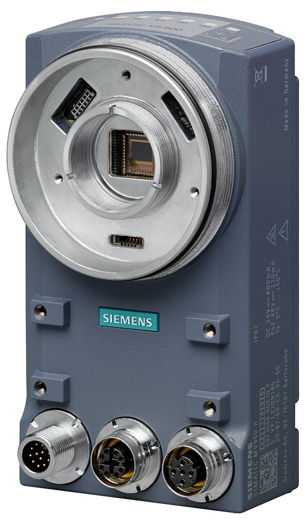 Industriekamera von Siemens mit Metallgehäuse. Vorderansicht zeigt runde Anschlussfläche und verschiedene Ports an der Unterseite.